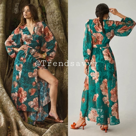 ANTHROPOLOGIE Floral Chiffon High Low Wrap Maxi Dress Teal Hutch Plus Sz 2X NWT - Picture 1 of 1
